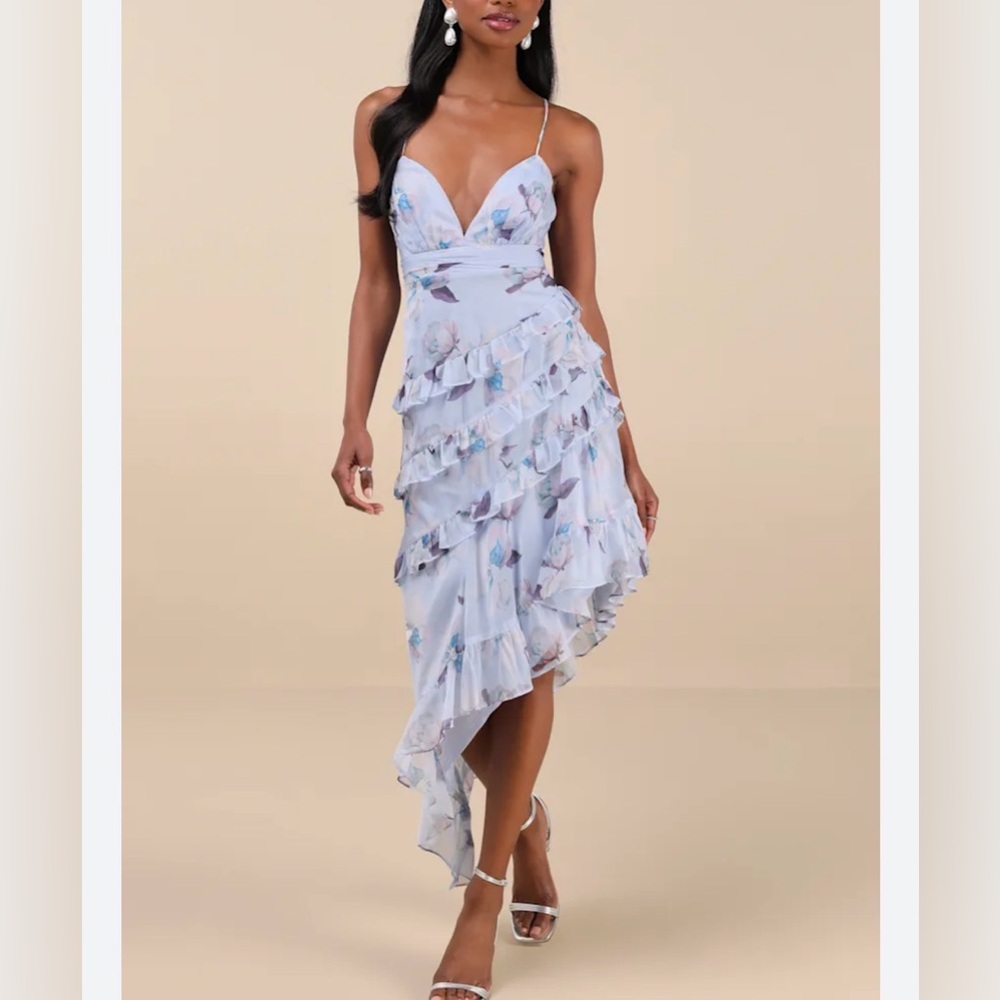 Nwt Lulus Saveria Light Blue Floral Ruffled Asymmetrical Dress